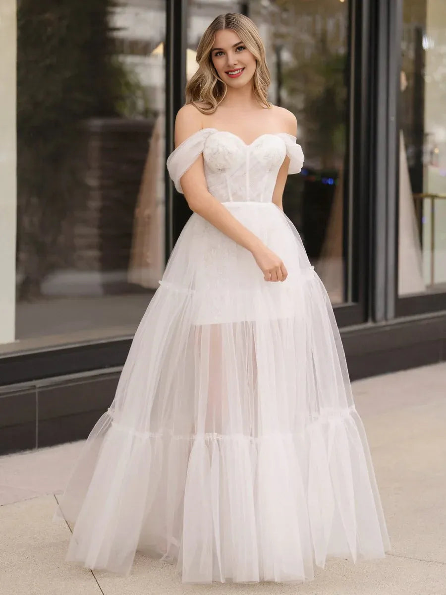 A-Line Off Shoulder Corset Appliques Tulle Ivory Floor Length Prom Dress