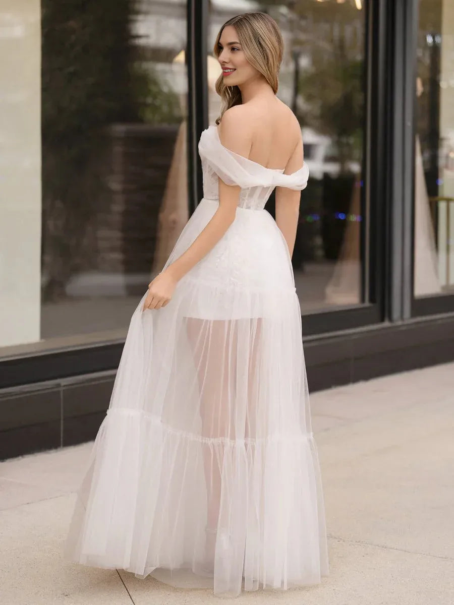 A-Line Off Shoulder Corset Appliques Tulle Ivory Floor Length Prom Dress