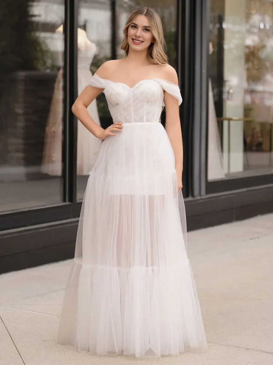 A-Line Off Shoulder Corset Appliques Tulle Ivory Floor Length Prom Dress