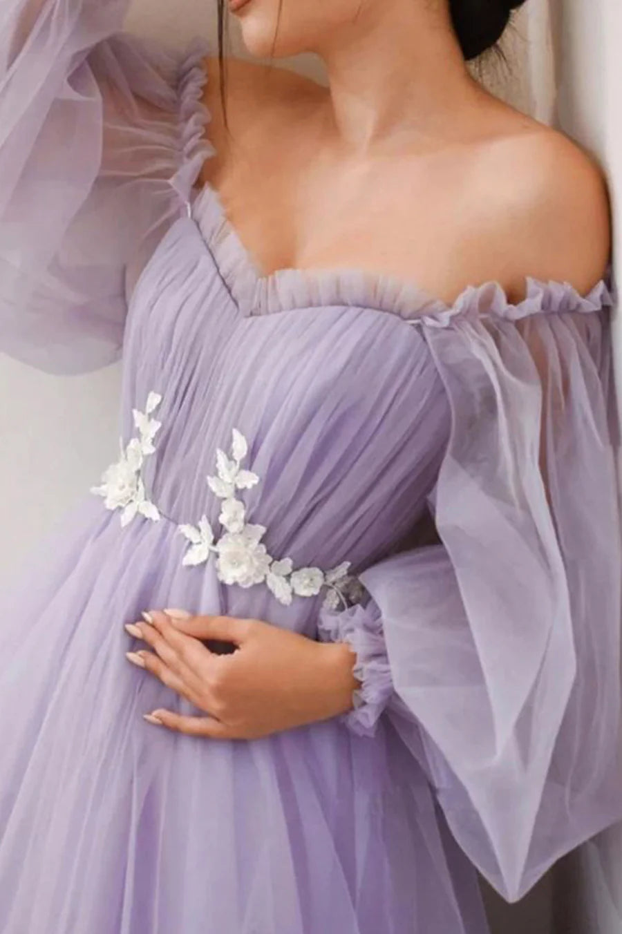 A-Line Off Shoulder Long Sleeves Applique Tulle Lace Purple Long Prom Dresses
