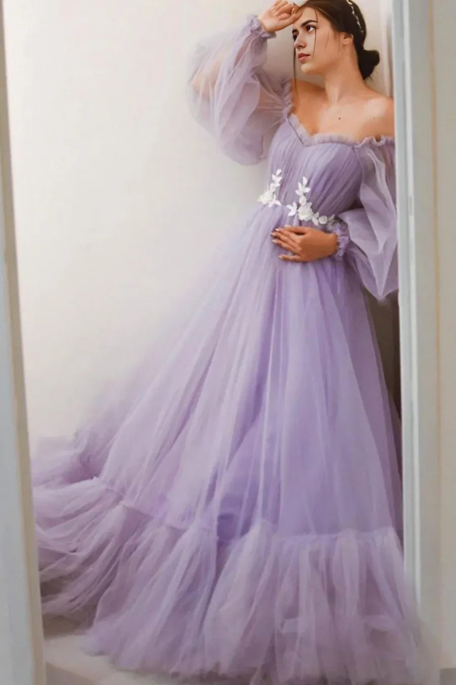 A-Line Off Shoulder Long Sleeves Applique Tulle Lace Purple Long Prom Dresses