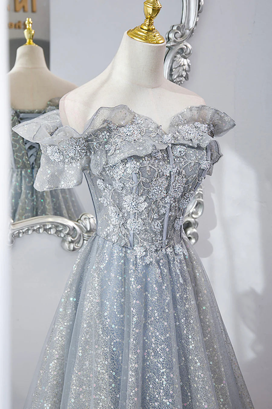 A-Line Off Shoulder Ruffle Sequins Tulle Lace Gray Long Prom Dresses