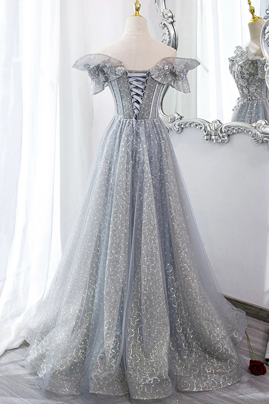 A-Line Off Shoulder Ruffle Sequins Tulle Lace Gray Long Prom Dresses
