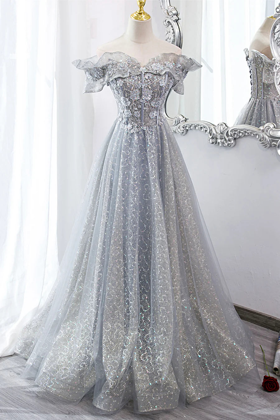A-Line Off Shoulder Ruffle Sequins Tulle Lace Gray Long Prom Dresses