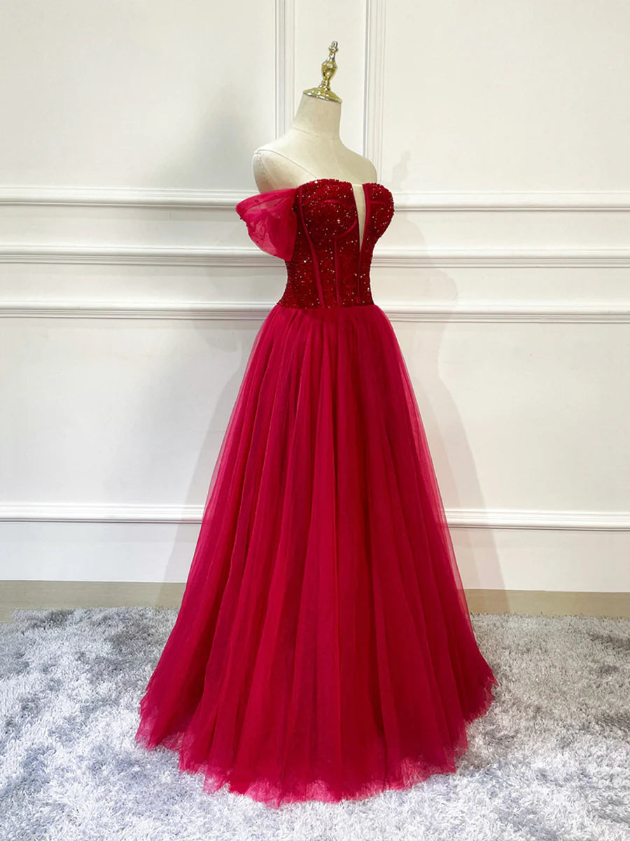 A-Line Off Shoulder Short Sleeves Bodycon Beaded Tulle Burgundy Long Formal Dress