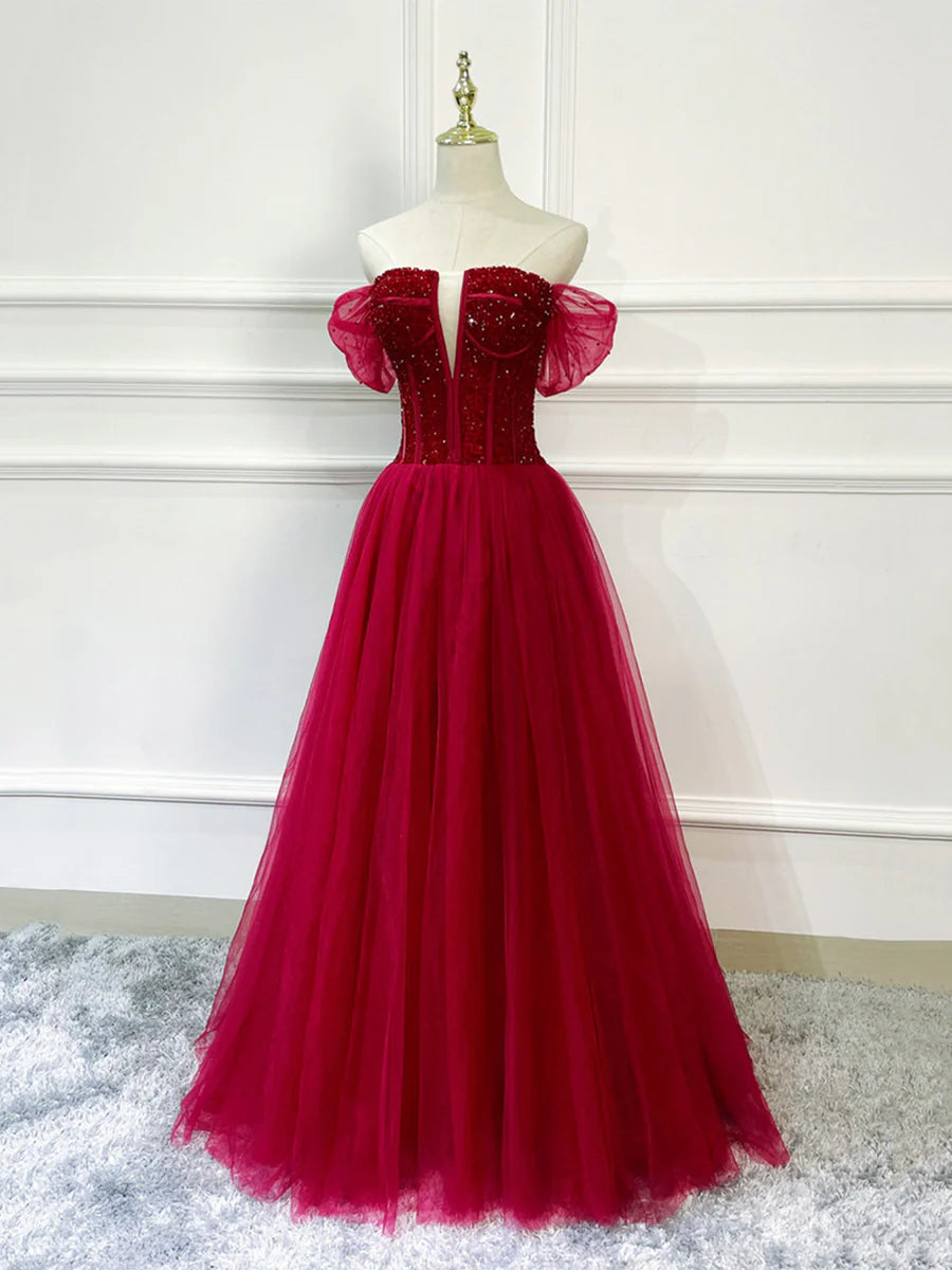 A-Line Off Shoulder Short Sleeves Bodycon Beaded Tulle Burgundy Long Formal Dress