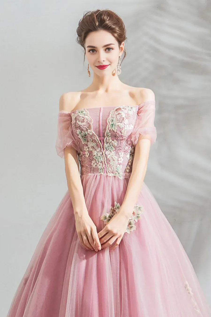 A-Line Off Shoulder Short Sleeves Floral Lace Tulle Pink Long Prom Dresses