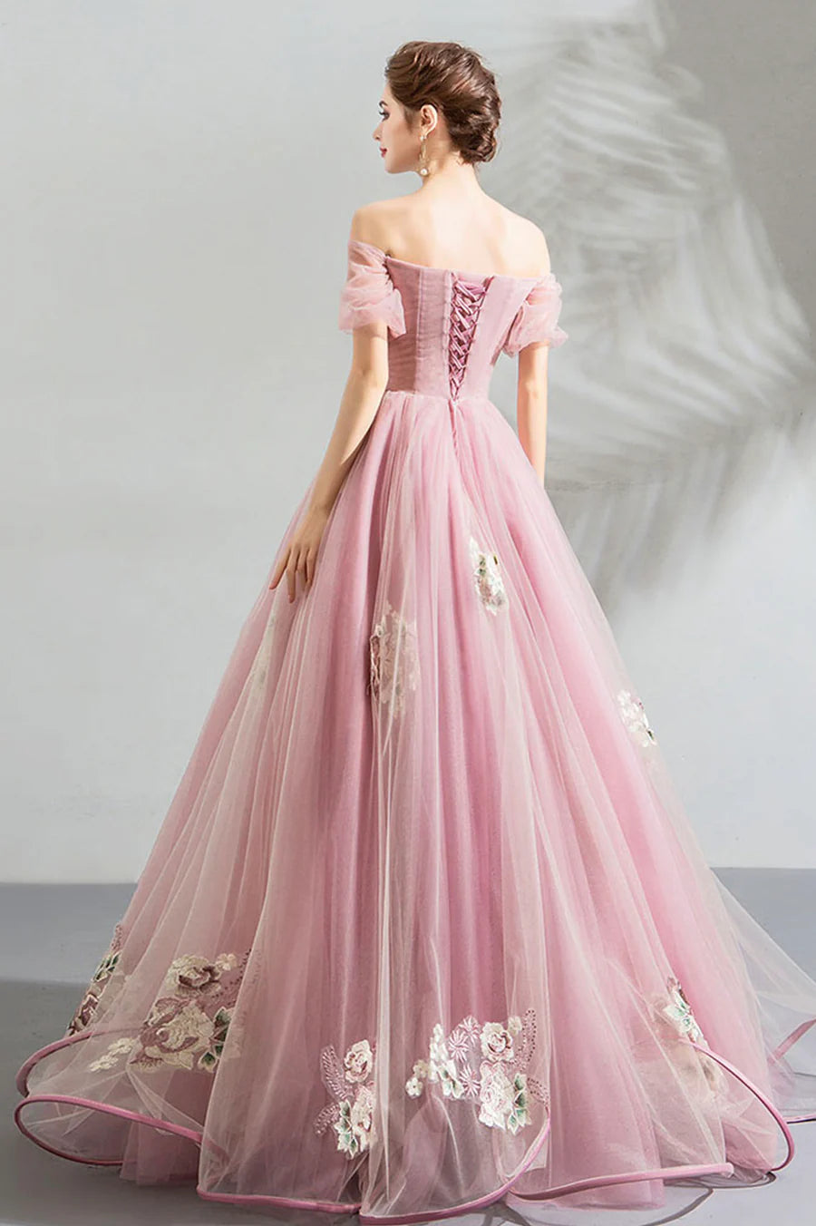 A-Line Off Shoulder Short Sleeves Floral Lace Tulle Pink Long Prom Dresses