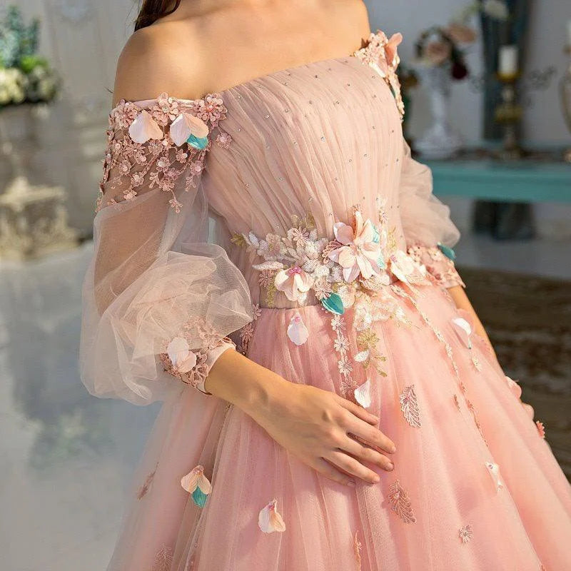 A-Line Off The Shoulder Long Sleeve Flower Beaded Pink Prom Dress