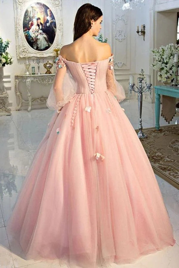 A-Line Off The Shoulder Long Sleeve Flower Beaded Pink Prom Dress