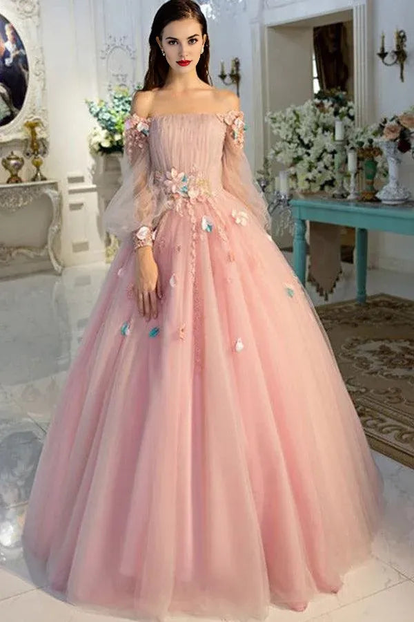 A-Line Off The Shoulder Long Sleeve Flower Beaded Pink Prom Dress