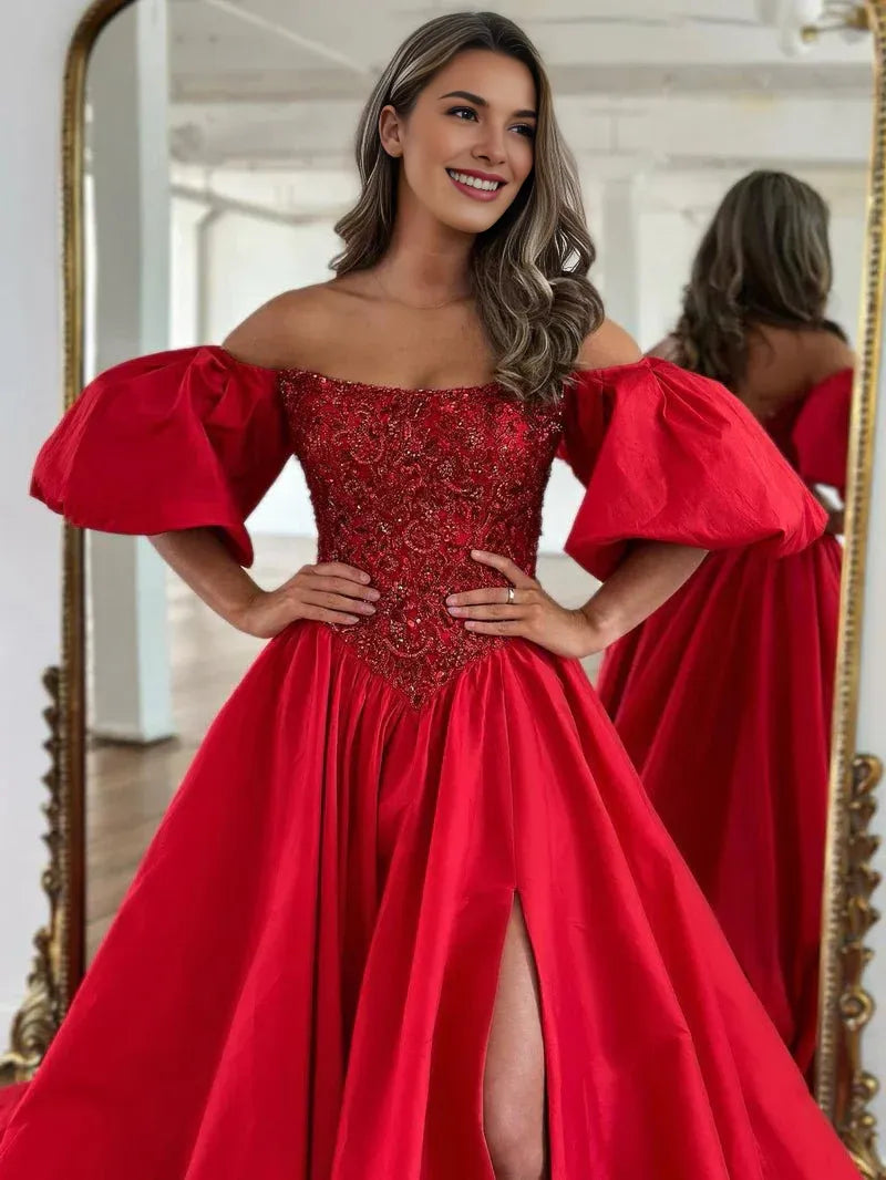 A-Line Off The Shoulder Puffy Sleeves Beaded Taffeta Red Prom Dress