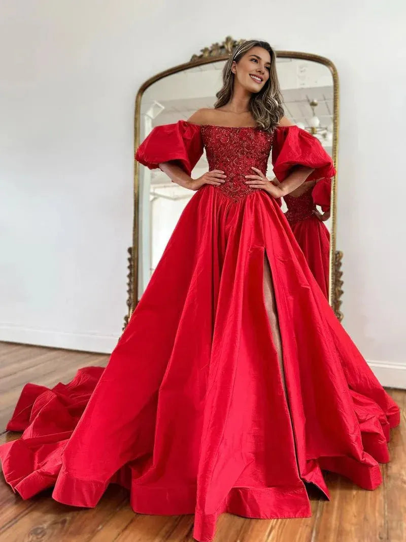 A-Line Off The Shoulder Puffy Sleeves Beaded Taffeta Red Prom Dress