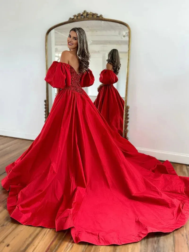 A-Line Off The Shoulder Puffy Sleeves Beaded Taffeta Red Prom Dress