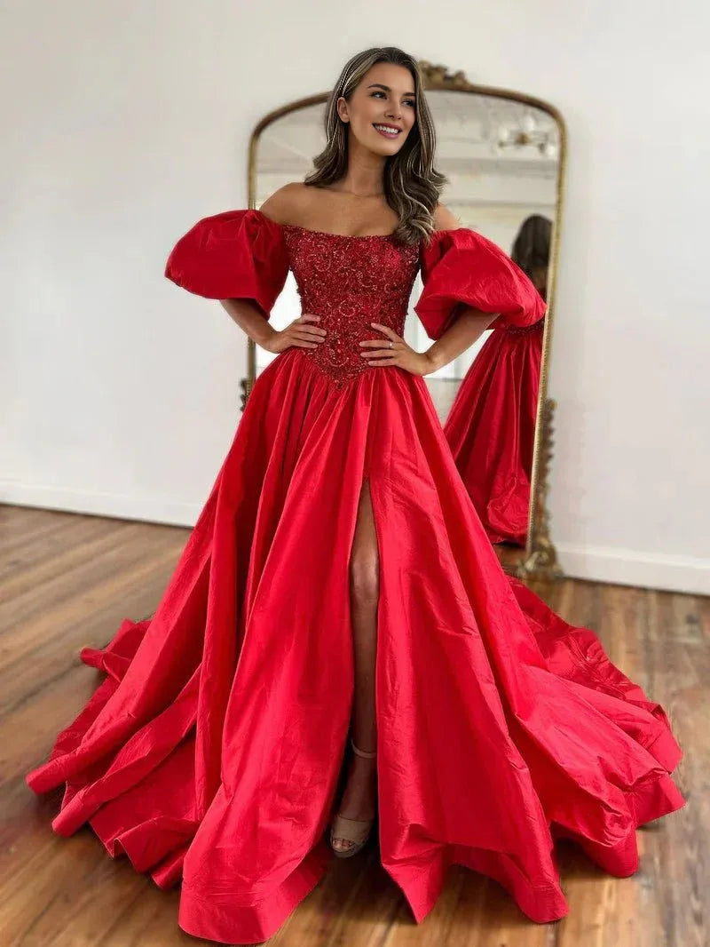 A-Line Off The Shoulder Puffy Sleeves Beaded Taffeta Red Prom Dress