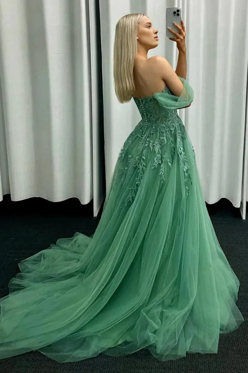 A-Line Off The Shoulder Lace Tulle Mint Green Prom Dress With Appliques