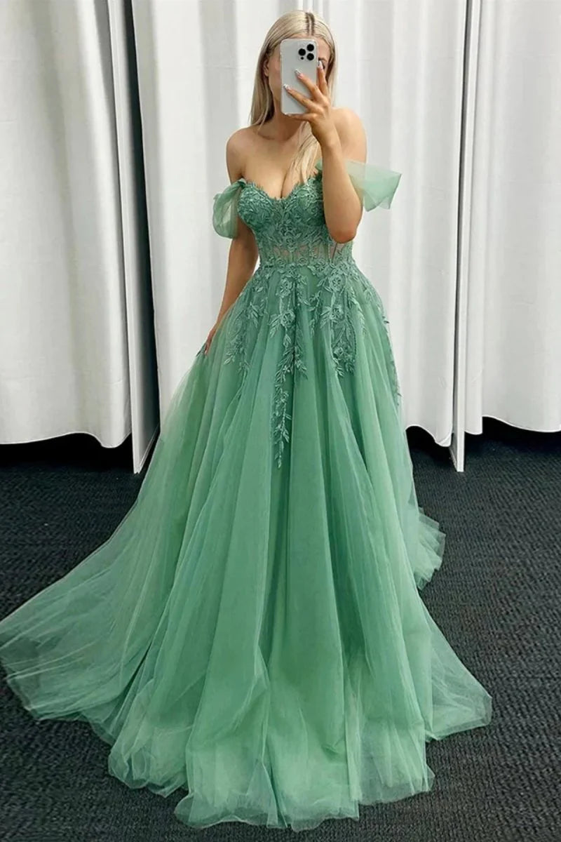 A-Line Off The Shoulder Lace Tulle Mint Green Prom Dress With Appliques