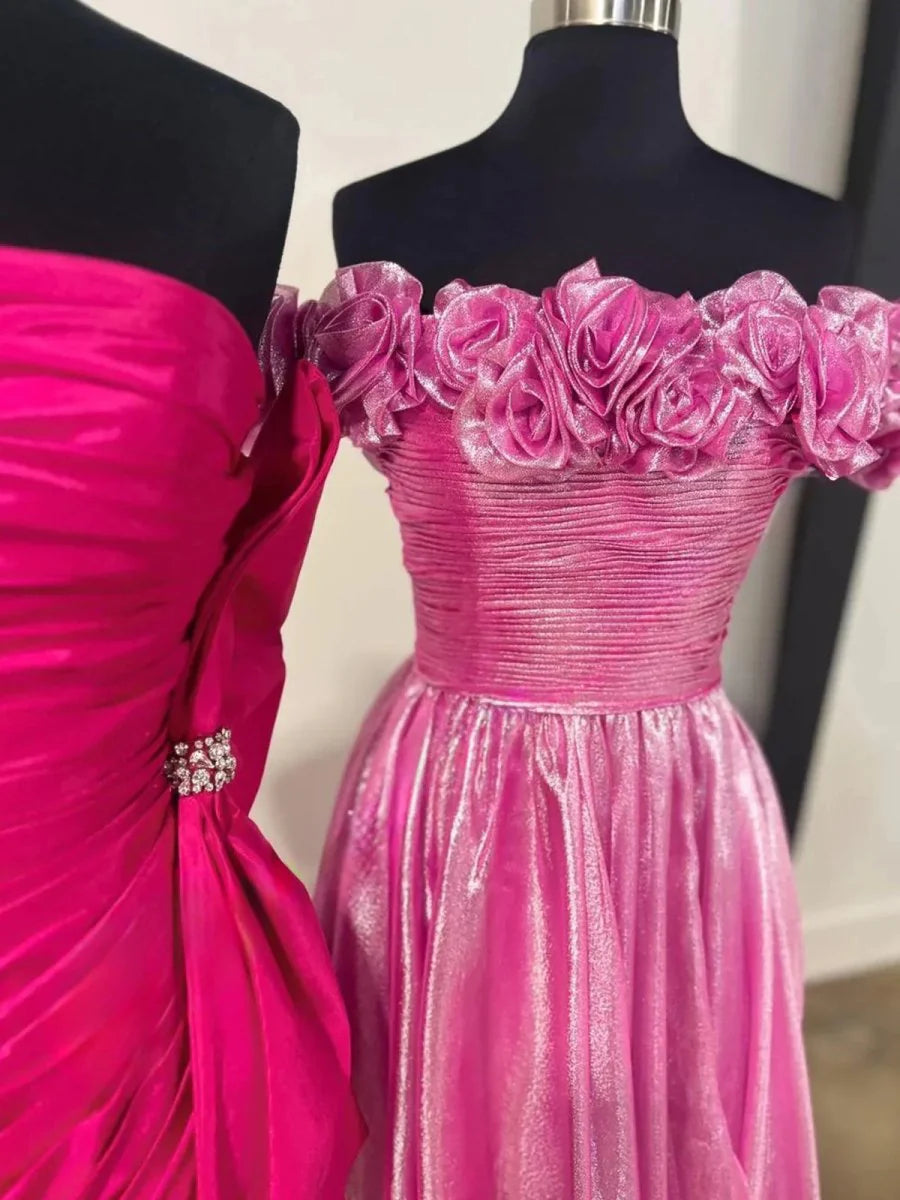 A-Line Off the Shoulder 3D Floral Tulle Fuchsia Floor-Length Prom Dress