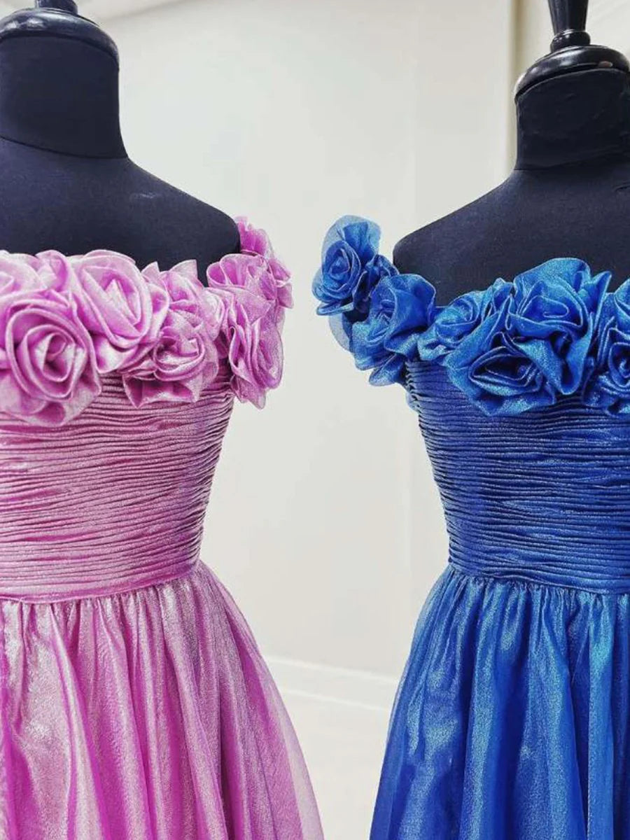 A-Line Off the Shoulder 3D Floral Tulle Fuchsia Floor-Length Prom Dress