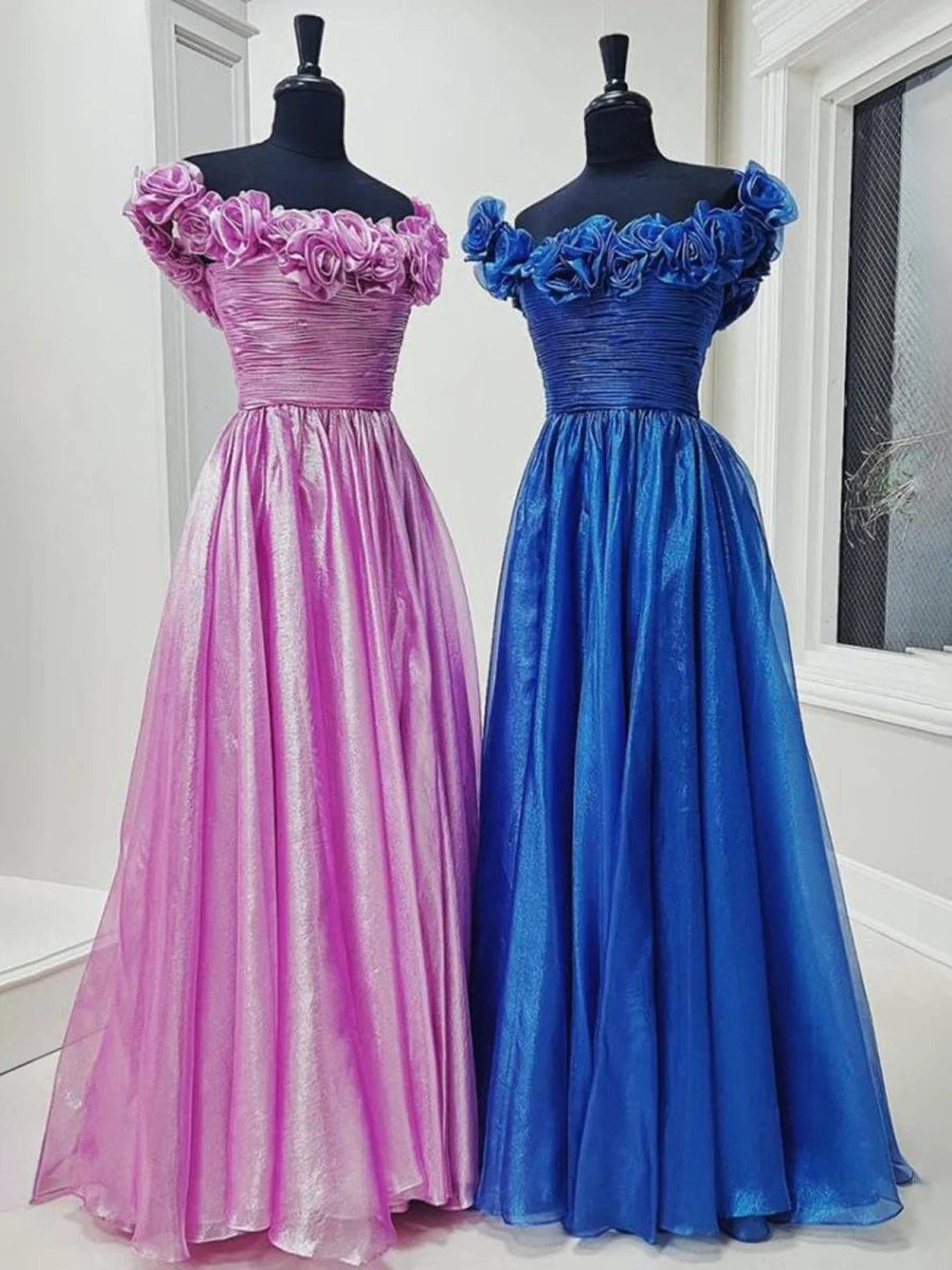 A-Line Off the Shoulder 3D Floral Tulle Fuchsia Floor-Length Prom Dress