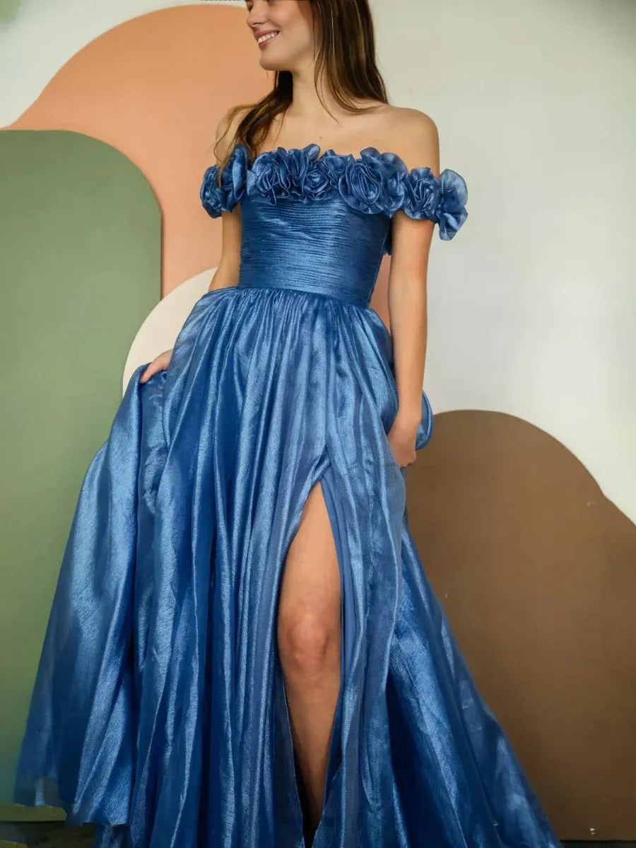 A-Line Off the Shoulder 3D Floral Tulle Fuchsia Floor-Length Prom Dress