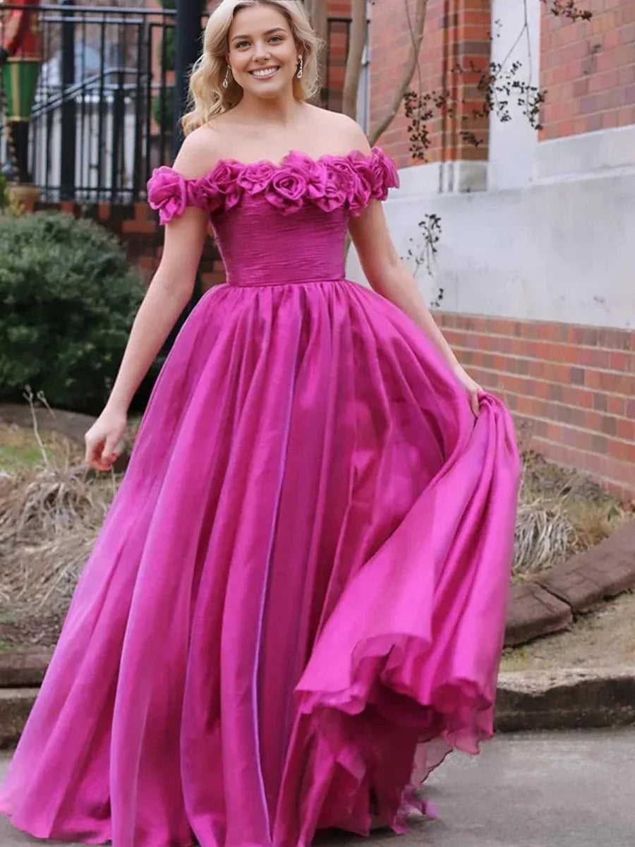 A-Line Off the Shoulder 3D Floral Tulle Fuchsia Floor-Length Prom Dress