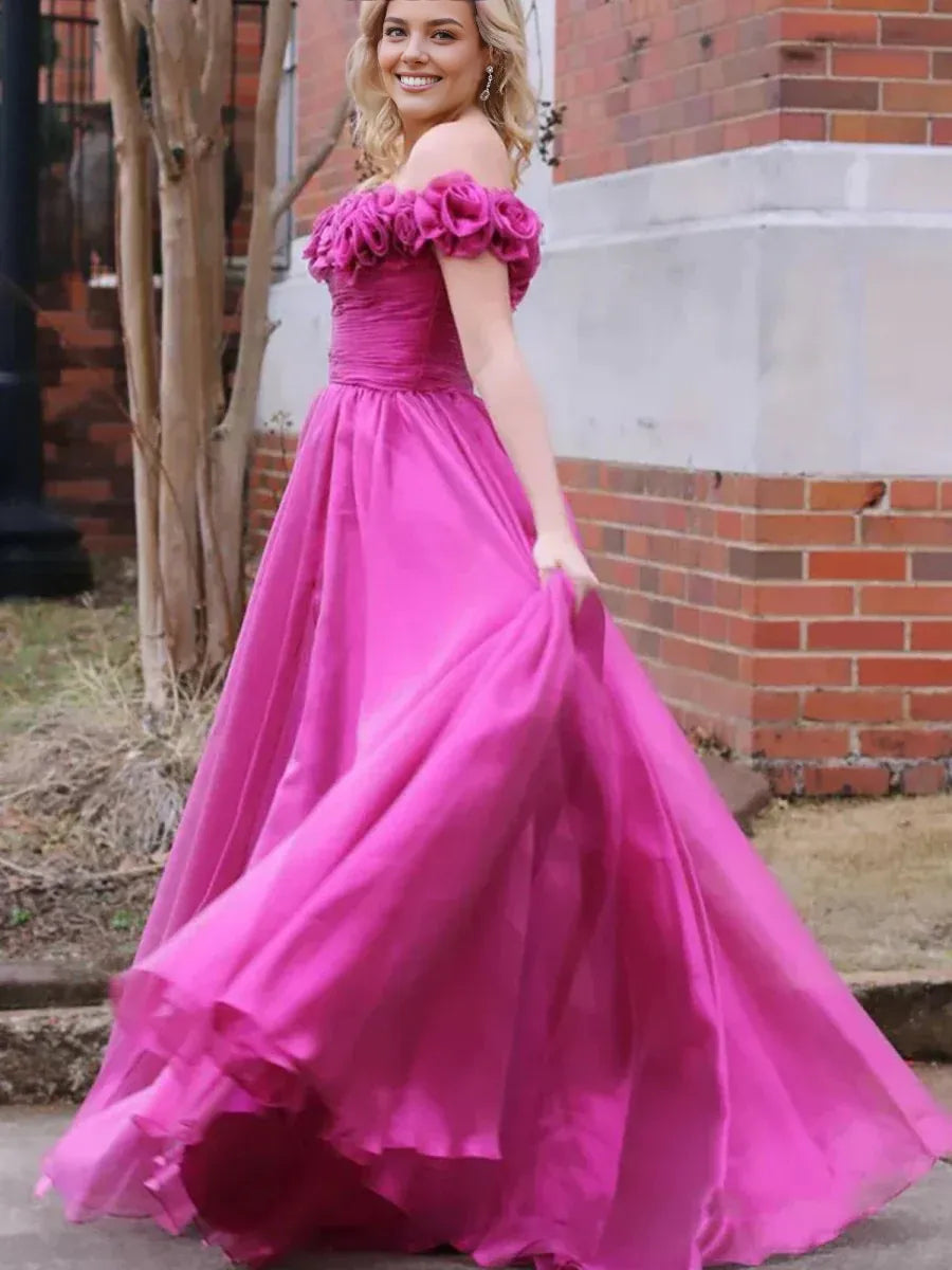 A-Line Off the Shoulder 3D Floral Tulle Fuchsia Floor-Length Prom Dress