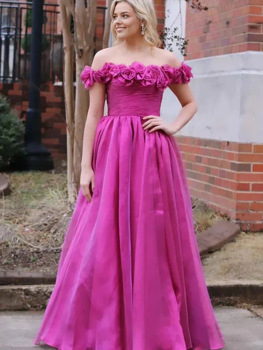A-Line Off the Shoulder 3D Floral Tulle Fuchsia Floor-Length Prom Dress