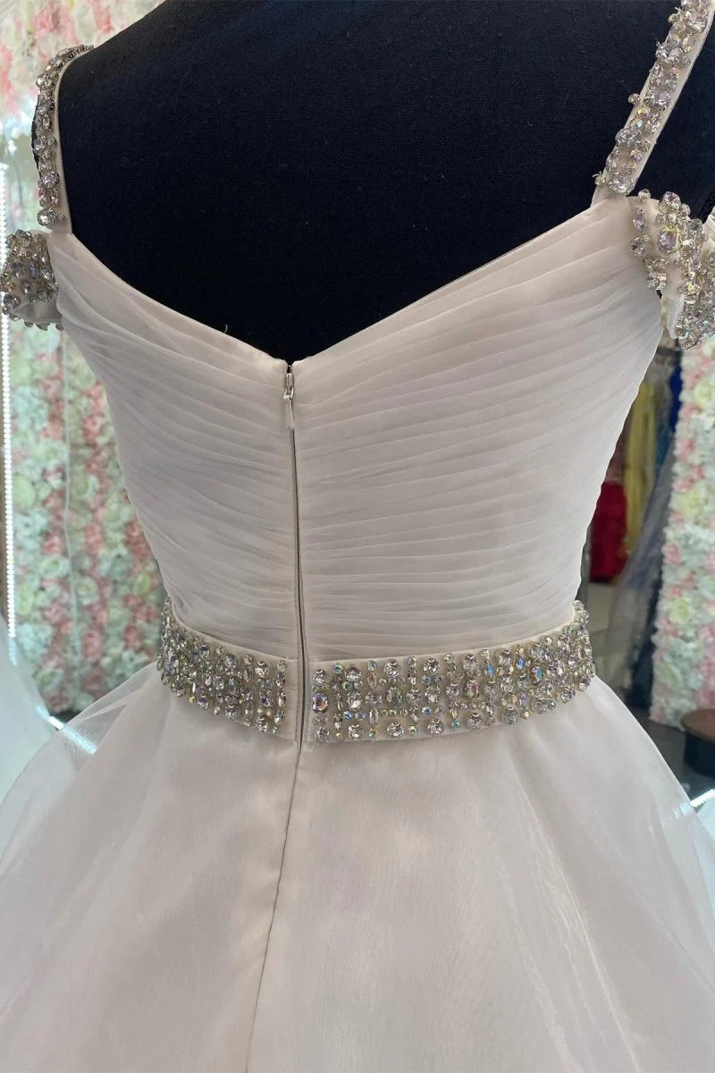 A-Line Off the Shoulder Beaded Tulle Hot Pink Floor Length Prom Dress