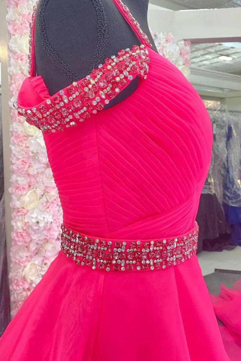 A-Line Off the Shoulder Beaded Tulle Hot Pink Floor Length Prom Dress