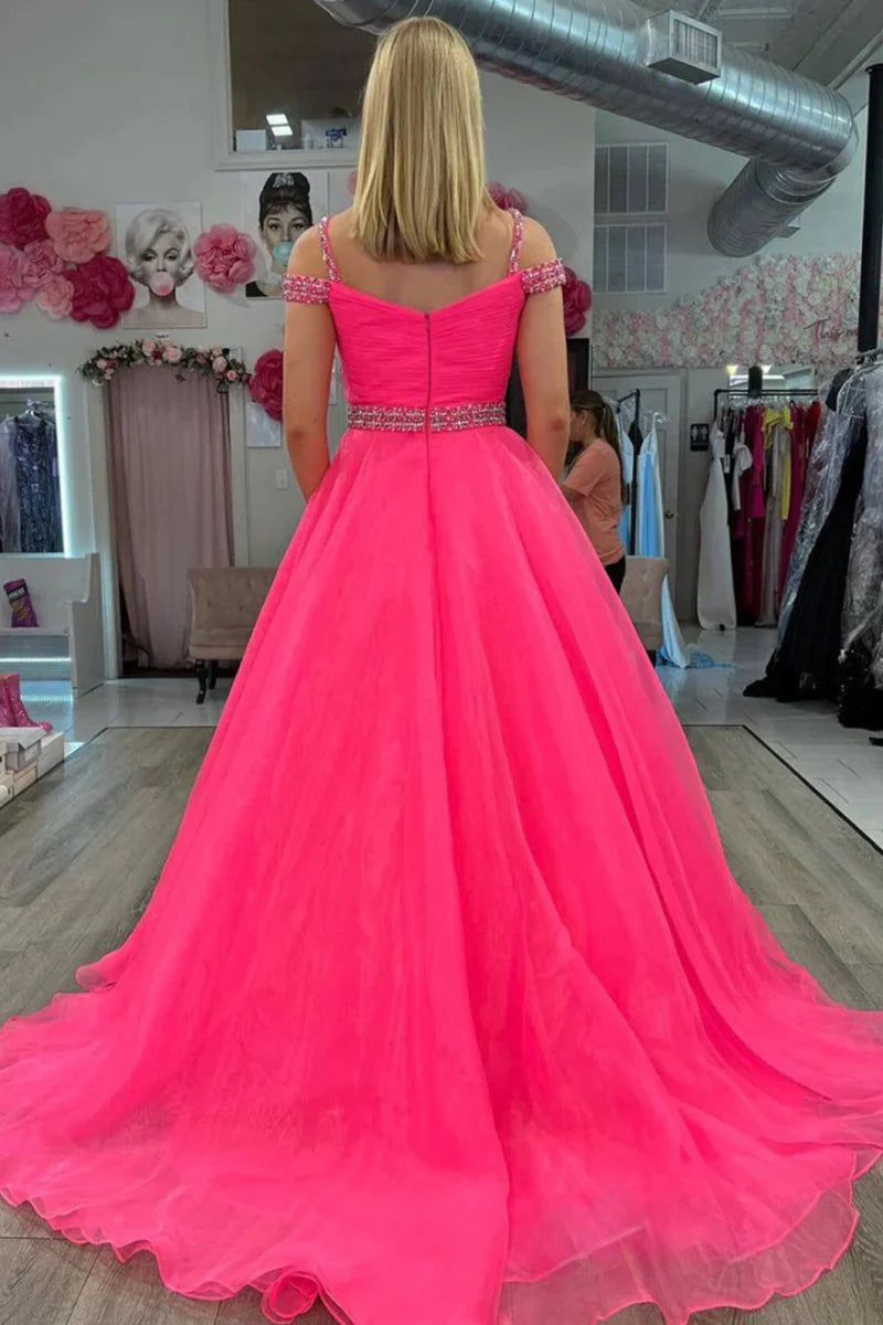 A-Line Off the Shoulder Beaded Tulle Hot Pink Floor Length Prom Dress