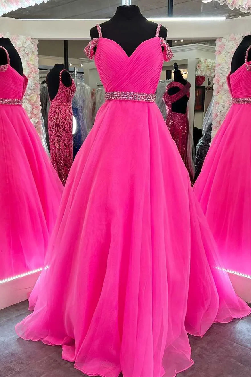 A-Line Off the Shoulder Beaded Tulle Hot Pink Floor Length Prom Dress