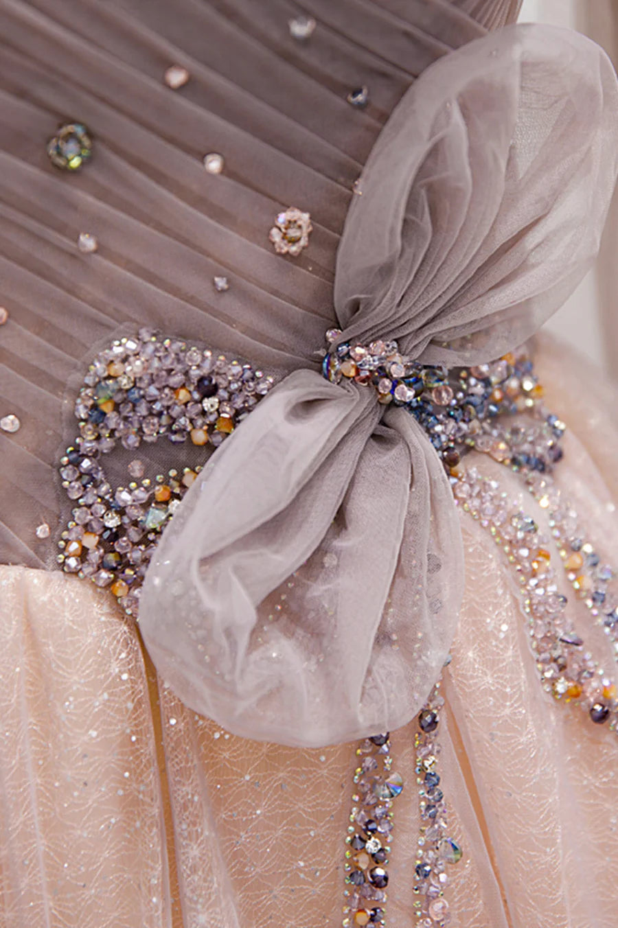 A-Line Off the Shoulder Beaded Tulle Pink Long Formal Prom Dresses With Streamer