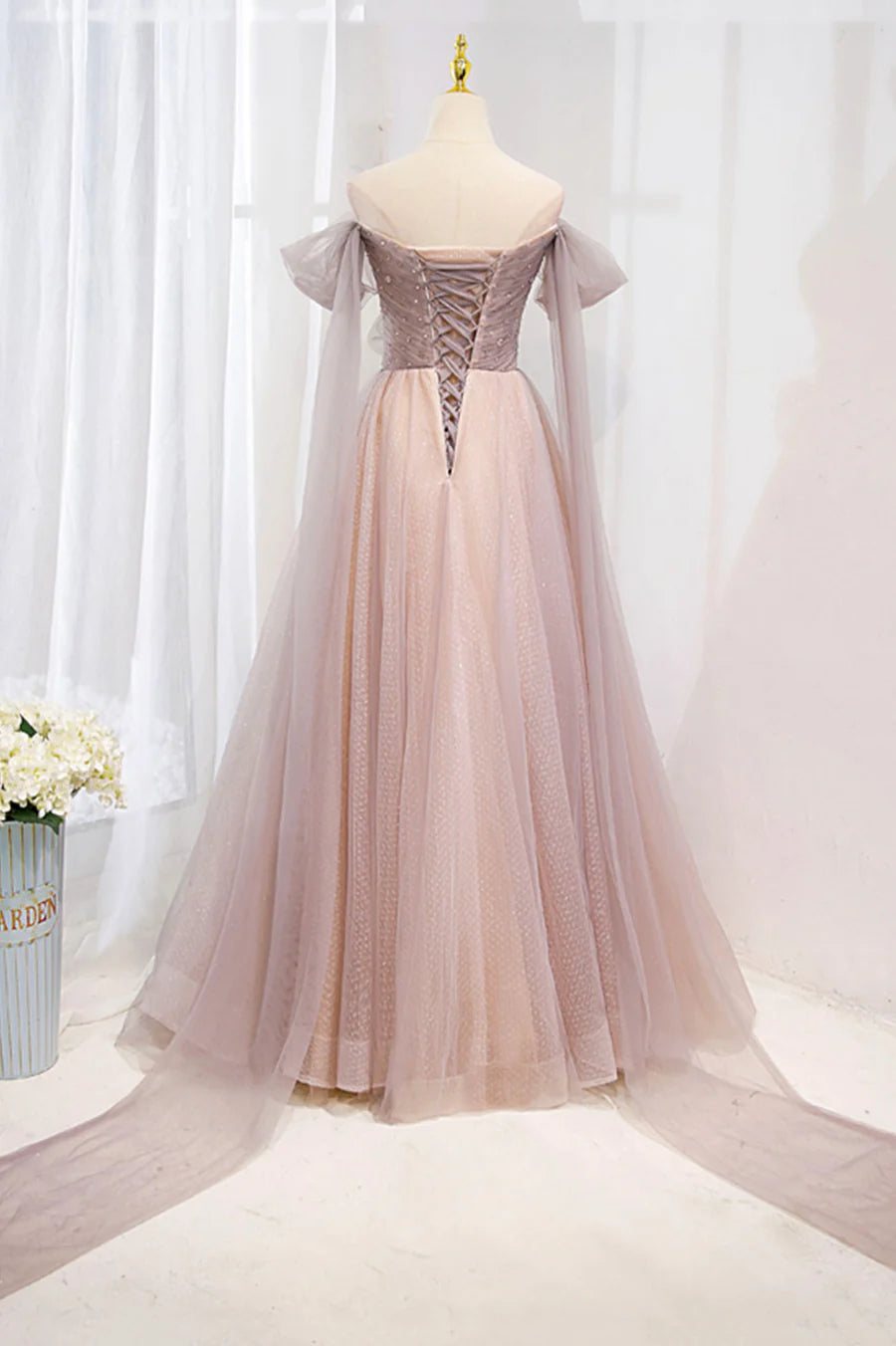 A-Line Off the Shoulder Beaded Tulle Pink Long Formal Prom Dresses With Streamer