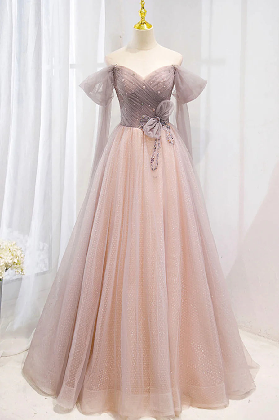 A-Line Off the Shoulder Beaded Tulle Pink Long Formal Prom Dresses With Streamer