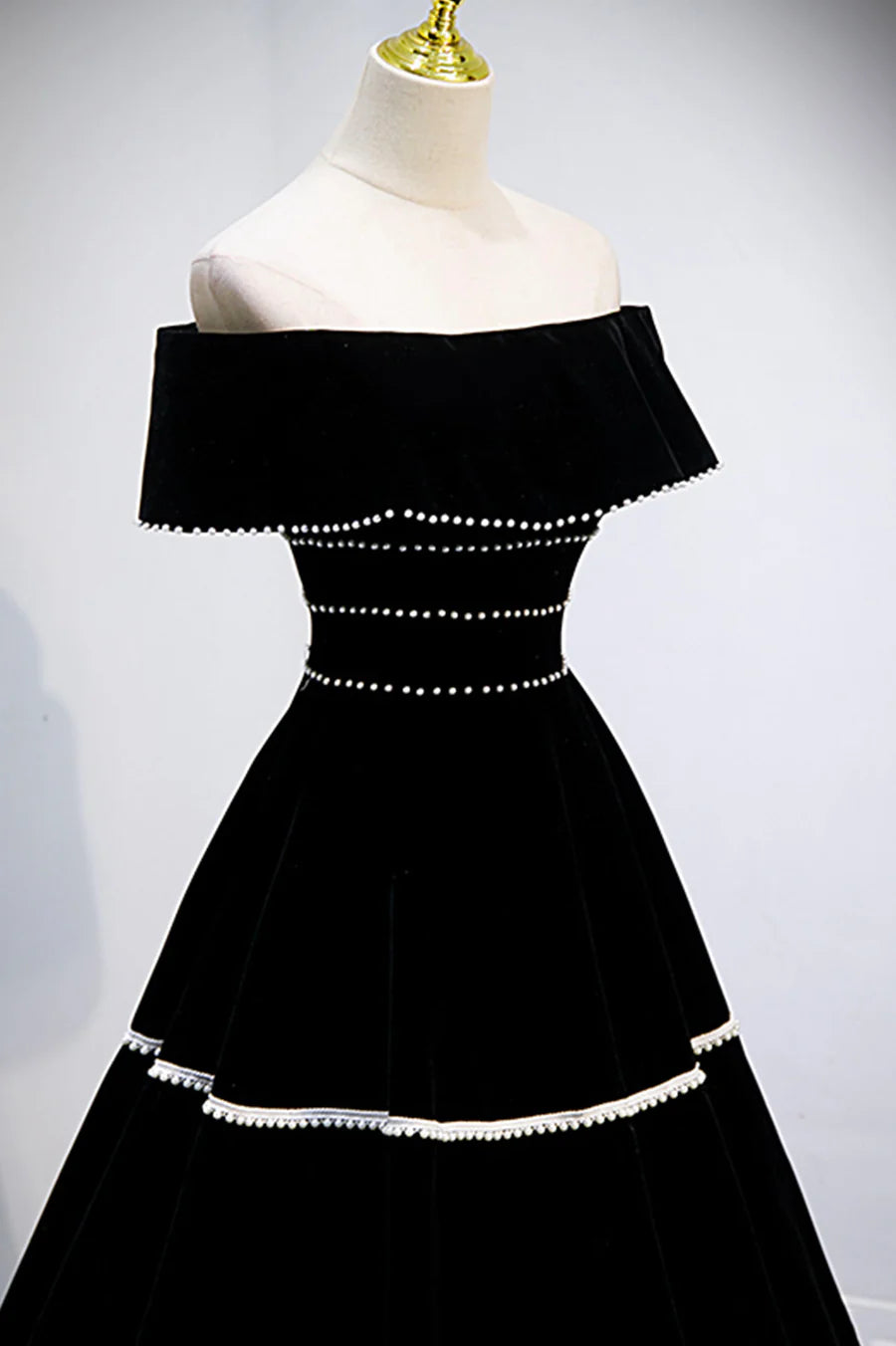 A-Line Off the Shoulder Beaded Velvet Black Long Prom Dresses Evening Dresses