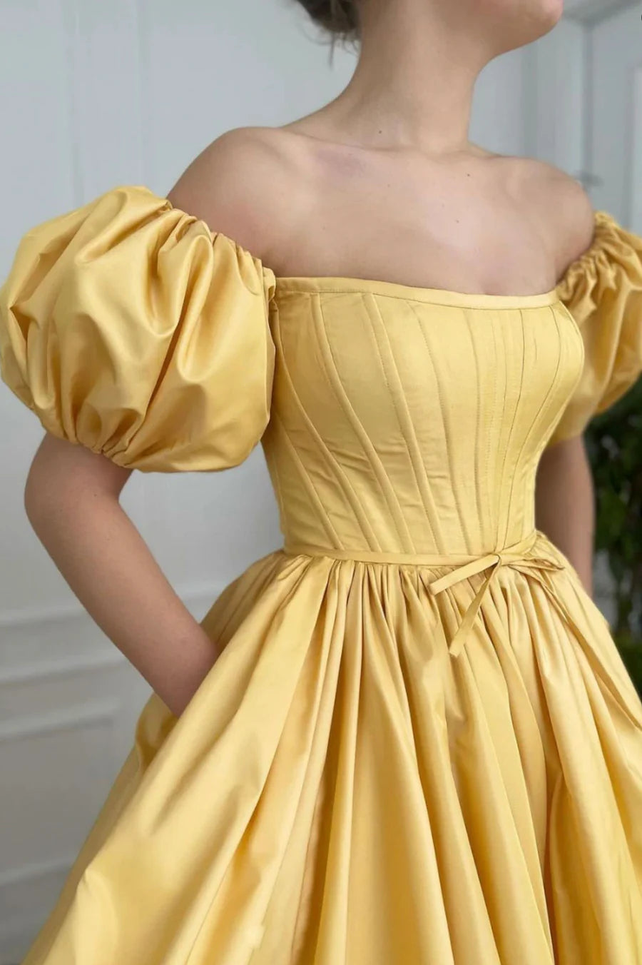 A-Line Off the Shoulder Bodycon Corset Satin Yellow Long Prom Dresses With Slit