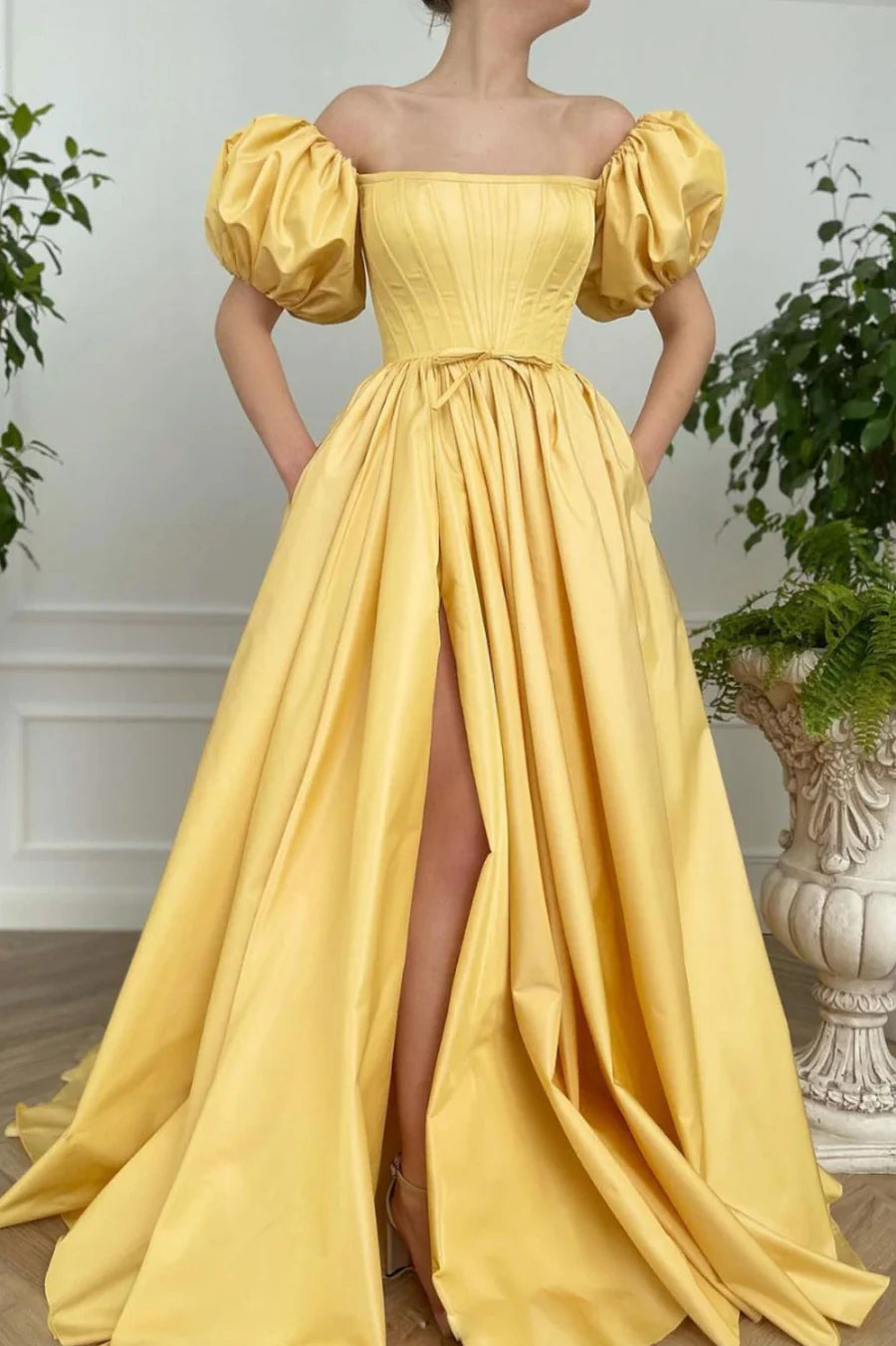 A-Line Off the Shoulder Bodycon Corset Satin Yellow Long Prom Dresses With Slit