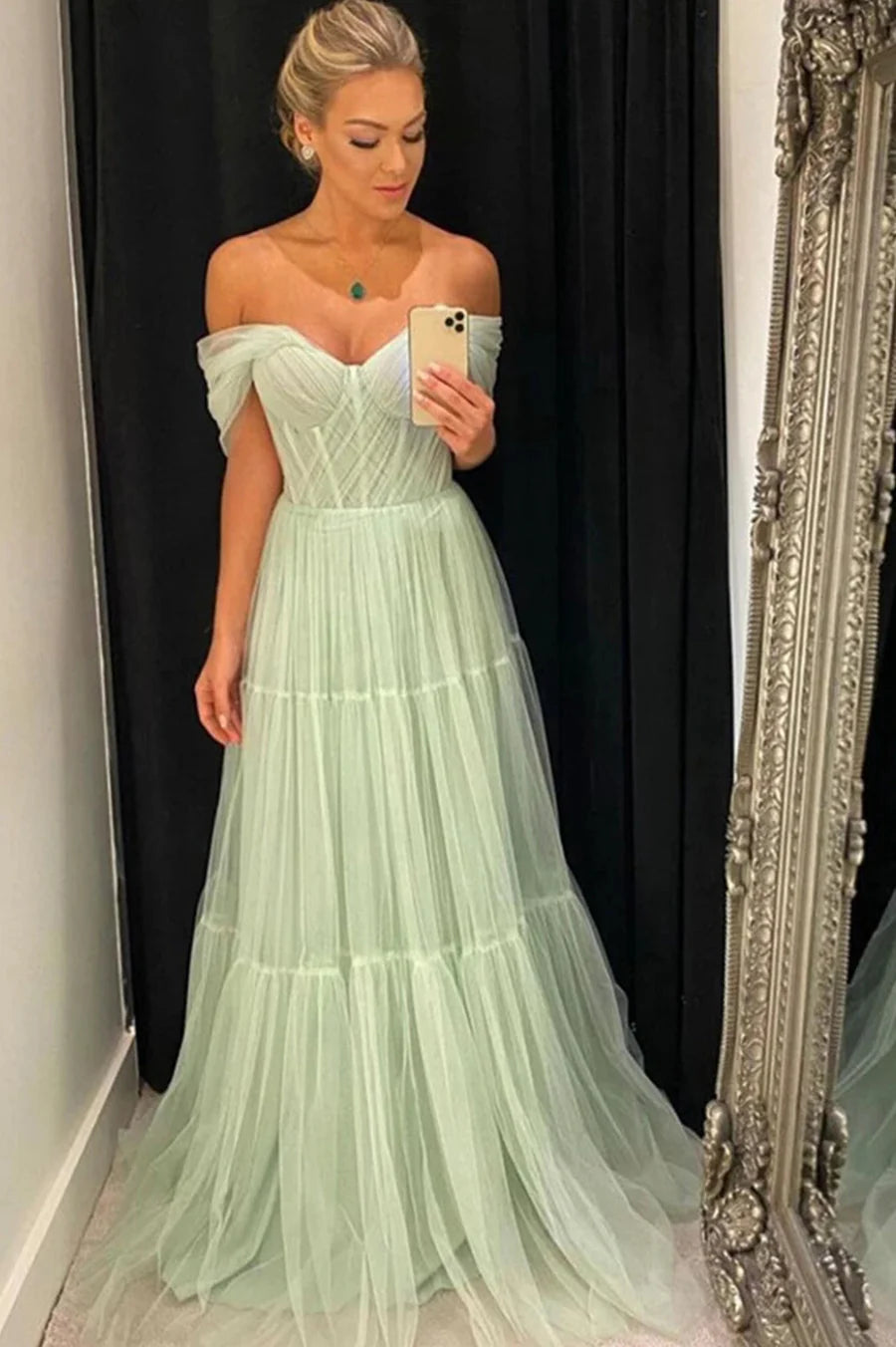 A-Line Off the Shoulder Bodycon Pleated Tulle Green Long Prom Dress Evening Dress