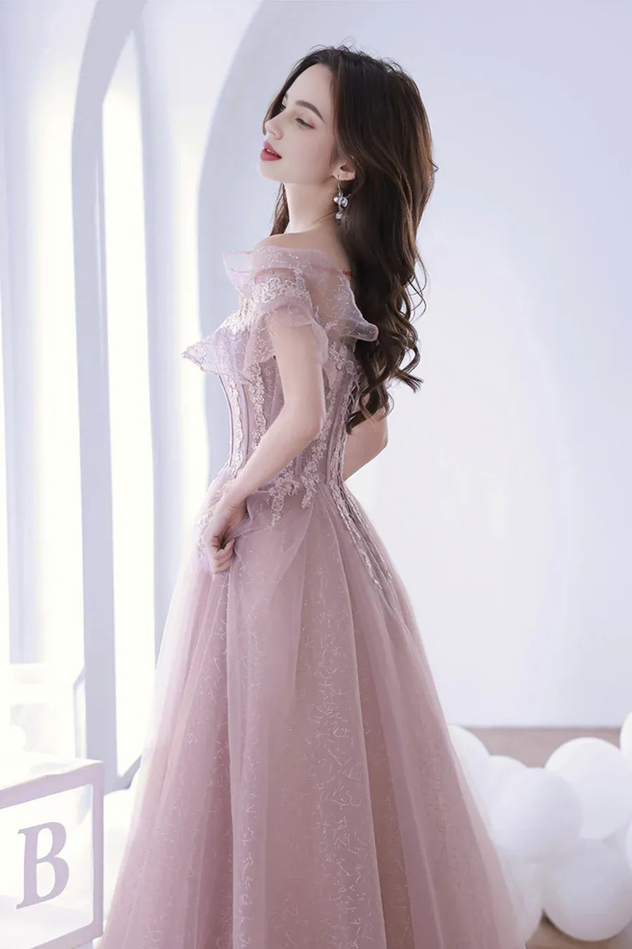 A-Line Off the Shoulder Bodycon Ruffle Tulle Lace Pink Long Prom Dress With Applique