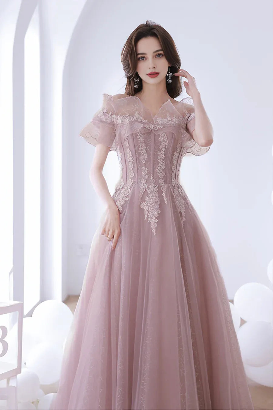 A-Line Off the Shoulder Bodycon Ruffle Tulle Lace Pink Long Prom Dress With Applique