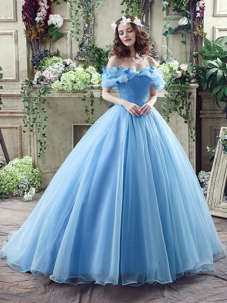 A-Line Off the Shoulder Butterfly Tulle Blue Long Prom Dress With Beaded