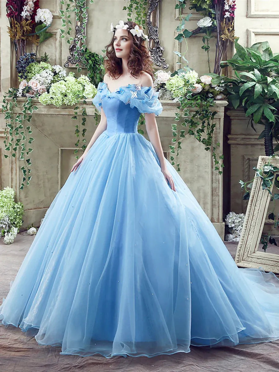 A-Line Off the Shoulder Butterfly Tulle Blue Long Prom Dress With Beaded