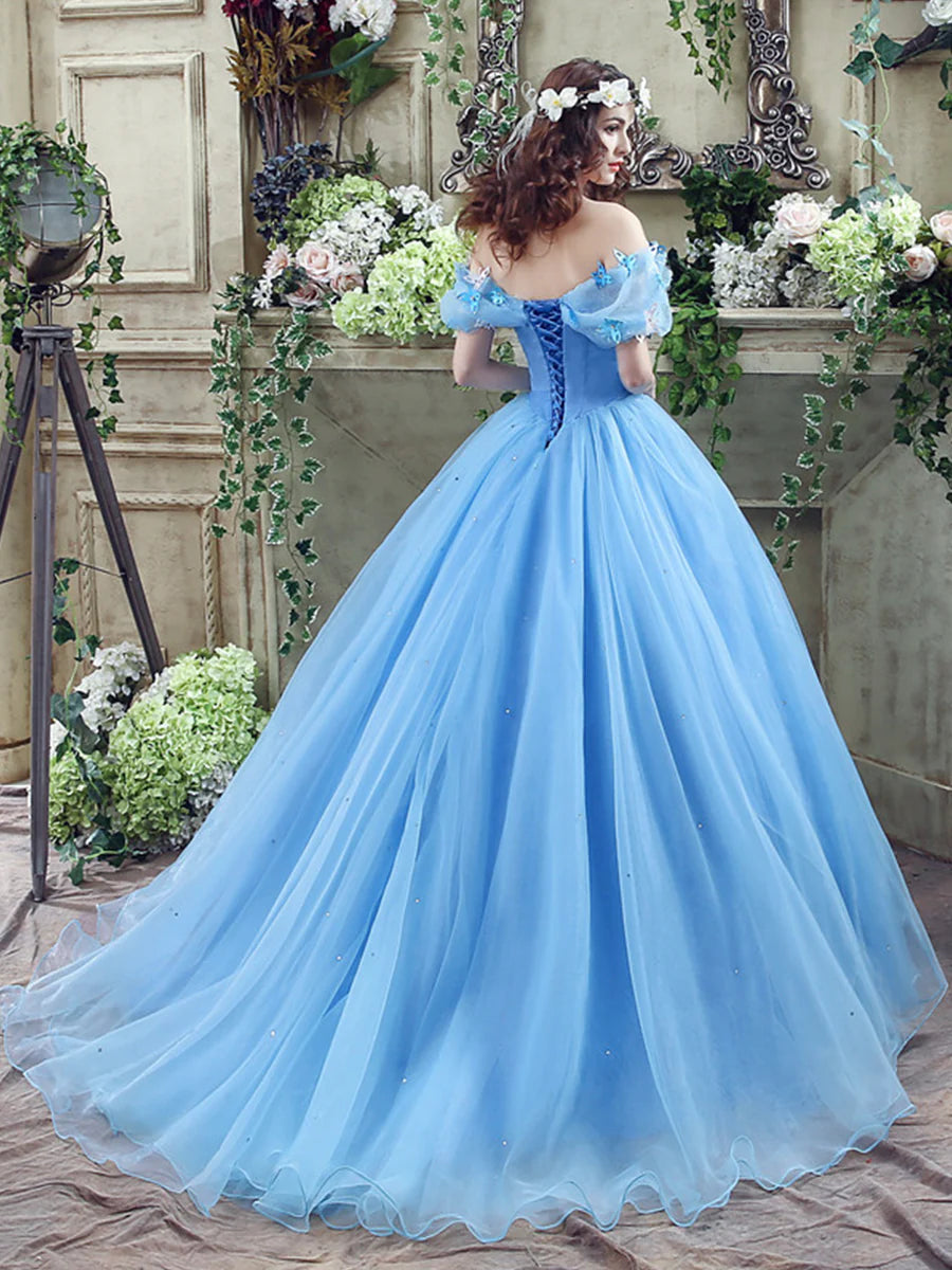 A-Line Off the Shoulder Butterfly Tulle Blue Long Prom Dress With Beaded