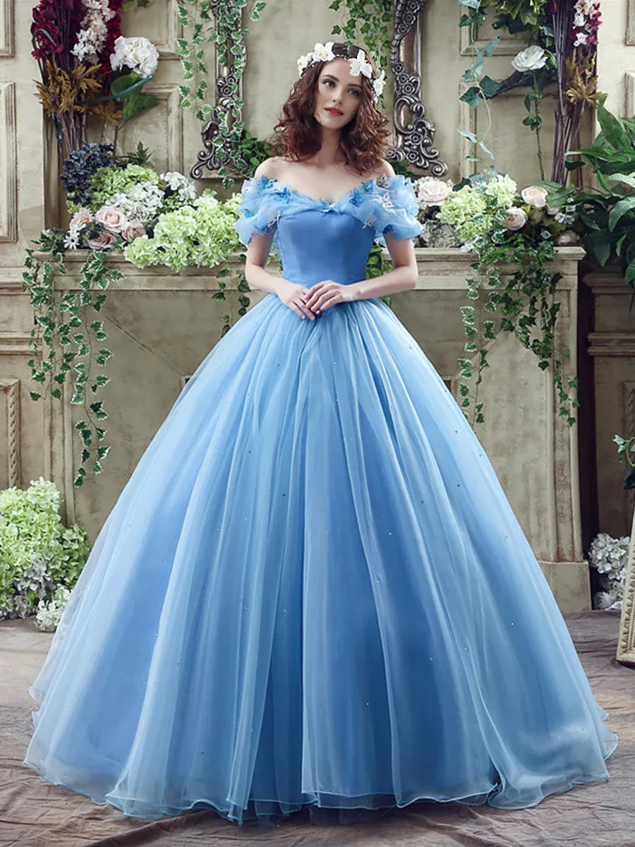A-Line Off the Shoulder Butterfly Tulle Blue Long Prom Dress With Beaded