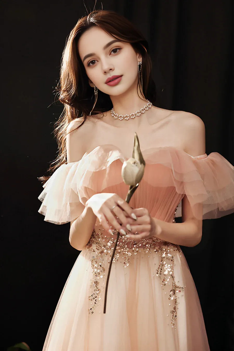 A-Line Off the Shoulder Cap Sleeves Sequins Beaded Tulle Pink Long Prom Dress