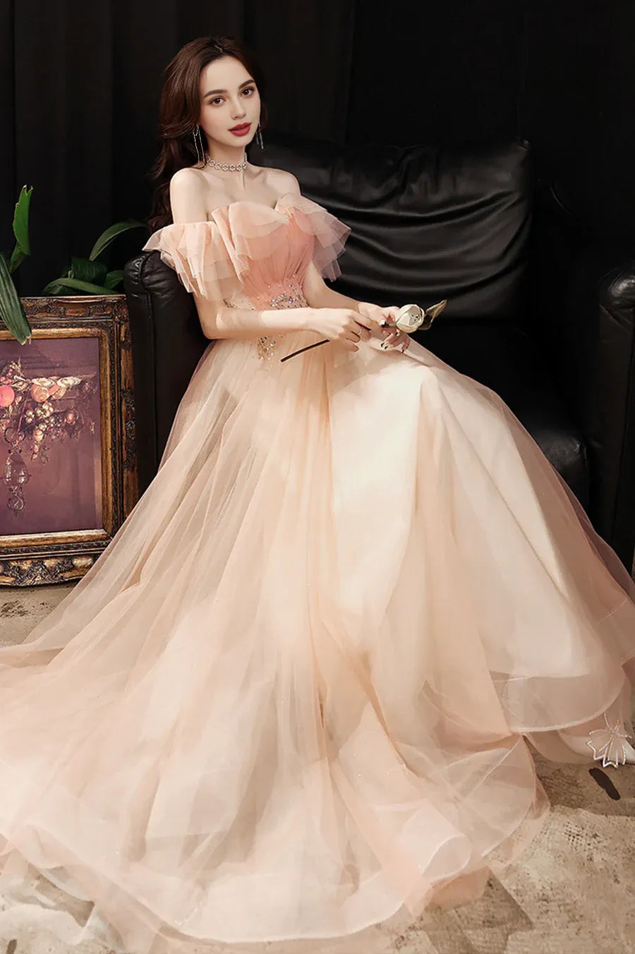 A-Line Off the Shoulder Cap Sleeves Sequins Beaded Tulle Pink Long Prom Dress