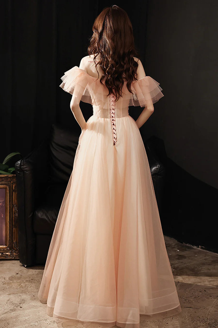 A-Line Off the Shoulder Cap Sleeves Sequins Beaded Tulle Pink Long Prom Dress