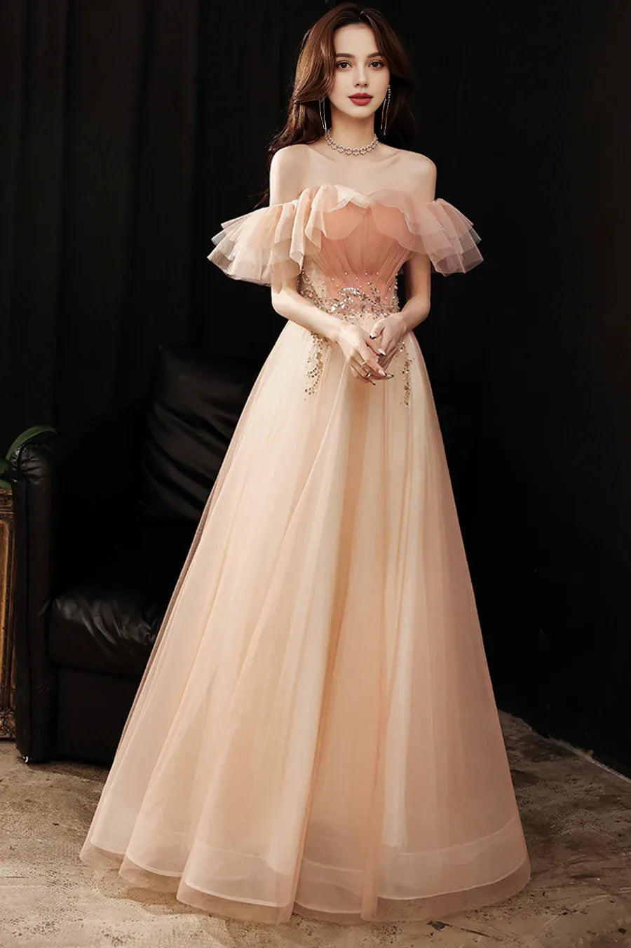 A-Line Off the Shoulder Cap Sleeves Sequins Beaded Tulle Pink Long Prom Dress