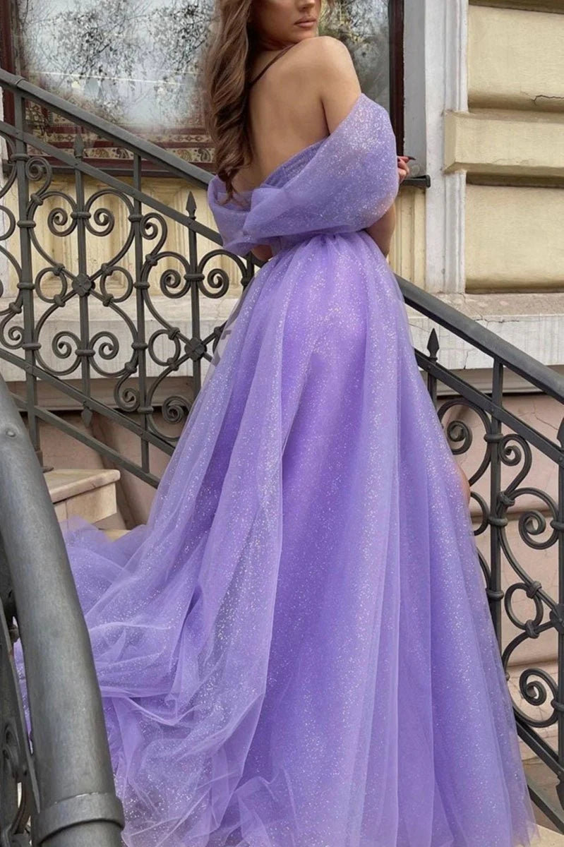 A-Line Off the Shoulder Corset Tulle Purple Long Prom Dress Evening Dress